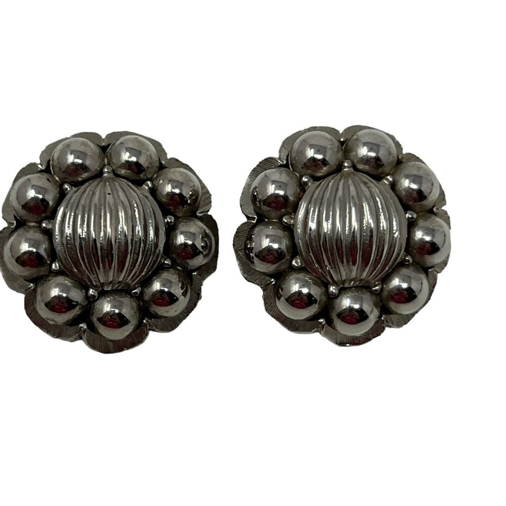 Vintage Clip On Earrings Silver Tone Flower Button Rigged Center